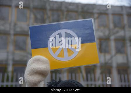 Helsinki, Finnland - 24. Februar 2022: Demonstrator bei einer Kundgebung gegen Russlands militärische Aktionen und Besetzung in der Ukraine mit einem Schild mit der Ukraine Stockfoto