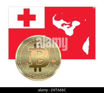 Tonga-Flagge und Karte mit Bitcoin-Goldmünze, isoliert auf weißem Hintergrund, leer Stockfoto