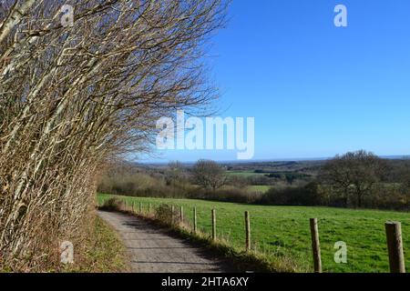 Bäume, Pfad, Felder, Zaun und Blick auf den weald vom Ightham Mote Estate, Kent im Februar an sonnigen Tag wolkenloser Himmel Stockfoto