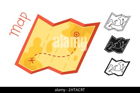 Karte gefaltet Cartoon-Symbol oder Stempel, Doodle-Set. Papier Karten einfache gezeichnete Linie Zeichen Suche Schatz. Ziel- und Routensymbol, Reisende und Wandertouristen. Vektordarstellung „Strarting Point“ Stock Vektor