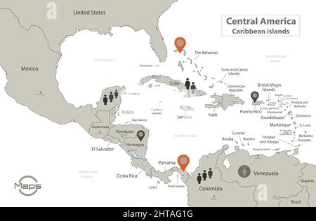 Karibische Inseln und Zentralamerika Karte, einzelne Regionen mit Namen, Infografiken und Ikonen Vektor Stock Vektor