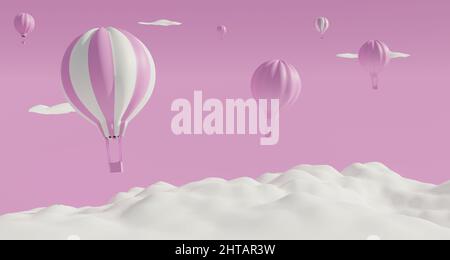 Pinkfarbene Heißluftballons schweben über weißen Wolken. 3D Rendern. Stockfoto