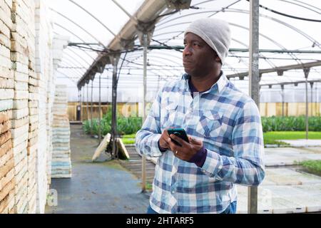Der fokussierte afroamerikanische Mann Farmer tippt eine Nachricht auf sein Mobiltelefon Stockfoto