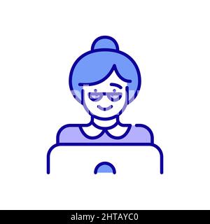 Oma trägt eine Brille auf einem Laptop, der im Internet surft oder chattet. Ältere Erwachsene Frau. Pixel-perfektes, bearbeitbares Symbol für Konturfarbe Stock Vektor