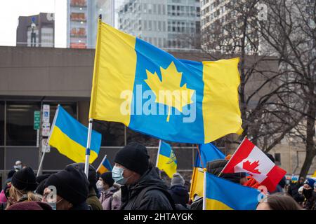 An einem Stand mit dem Ukraine march in Toronto, Ontario, wird eine ukrainisch-kanadische Freundschaftsflagge neben ukrainischer und kanadischer Flagge geflogen. Stockfoto