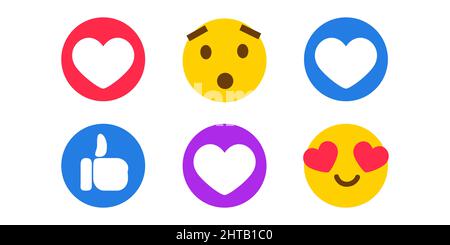 Wie, Daumen nach oben und zerfranst Gesicht Symbole. Emoticons für Reaktionen in sozialen Medien. Vektorgrafik isoliert auf weißem Hintergrund Stock Vektor