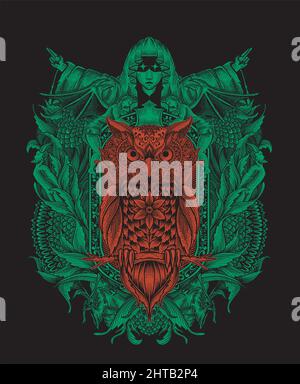 Illustration Vektor Eule Vogel Mandala Muster Stil mit Vintage Gravur Ornament Stock Vektor