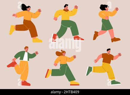 Laufleute, Männer und Frauen laufen Marathon, Wettkämpfe, beeilen sich zum Einkaufen oder spät bei der Arbeit. Männliche und weibliche Charaktere aktiven Lebensstil, Sport Jogging Übungen Line Art Vektor Illustration Stock Vektor
