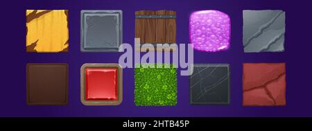 Spiel ui App-Symbole, quadratische Tasten, Cartoon-Menü-Schnittstelle strukturierte Blöcke. Grafische Elemente aus Holz, Stein, Rost, Metall, Edelstein, Kleeblatt, Marmor und rosa fizzy Blasen, 2D Vektor-Set Stock Vektor