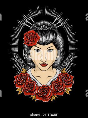 Illustration Vektor Geisha Frau mit Rose Blume Stock Vektor
