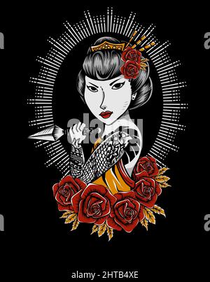 Illustration Vektor Geisha Frau mit Rose Blume Stock Vektor