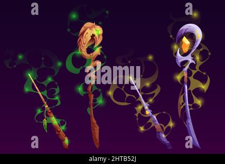 Fantasy-Zauberstäbe, Zauberer-Zepter für Zaubersprüche. Vector Cartoon Set von Zauberer oder Zauberer Holz-und Metall-Sticks mit Kristallen und leuchten isoliert auf dem Hintergrund Stock Vektor