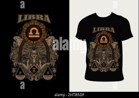 Abbildung Waage Tierkreis Symbol mit T-Shirt-Design Stock Vektor