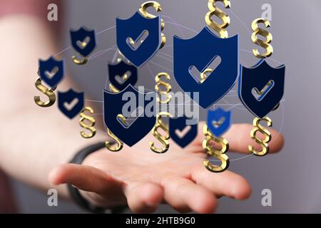 Person, die eine virtuelle Projektion von Absatzzeichen darstellt Stockfoto