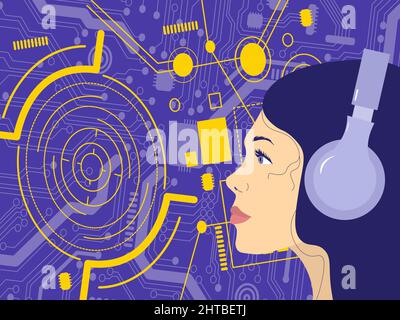 3D Rendering eines cartoonierten Mädchens mit Kopfhörern, das die Welt der Musik erkundet Stockfoto