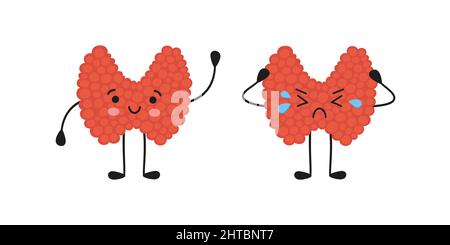 Gesunde glückliche Schilddrüse und verärgert ungesunde Schilddrüse Cartoon-Figuren. Kawaii-Organe. Vektorgrafik isoliert im Cartoon-Stil auf weißem Hintergrund Stock Vektor