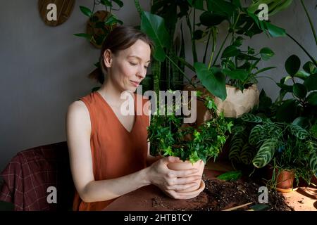 Junge Frau, die zu Hause Blumen verpflanzt. Schönes Mädchen bei der Arbeit mit Heimpflanzen in der Wohnung. Blumenpflege im Frühling. Transplantationen und Pflege von Zimmerpflanzen Stockfoto