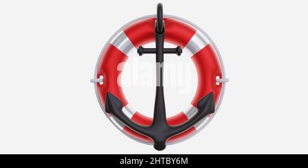 Lifebuoy und marine Anker isoliert auf weißem Hintergrund. Sicherheitsausrüstung des Bootes, Designelement. 3D Rendern Stockfoto