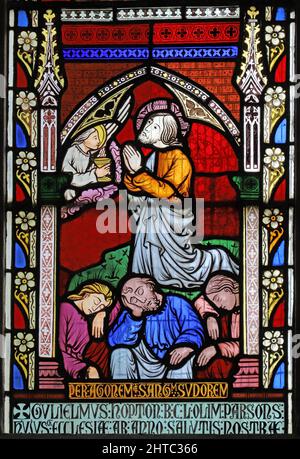 Buntglasfenster von Frederick Preedy, das die Qual Jesu im Garten darstellt. St. Lawrence Church, Stretton Grandison, Herefordshire Stockfoto