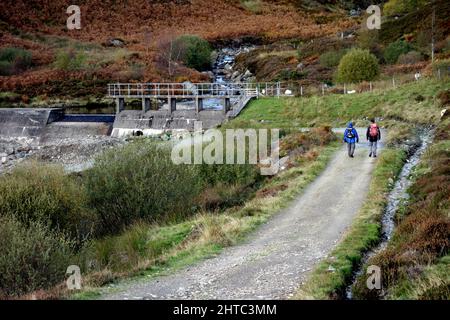 Two Men Walking on Track to the Small Hydro Dam on Invergeldie Burn by the Scottish Mountain Munro 'Ben Chonzie' in Glen Lednock Perthshire, Schottland. Stockfoto