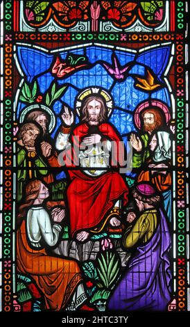 Buntglasfenster von Frederick Preedy mit Darstellung der Bergpredigt. St. Lawrence Church, Stretton Grandison, Herefordshire Stockfoto