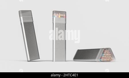 Die mehrfarbigen Bleistifte in Triangle Metal Box isoliert auf weißem Hintergrund 3D Illustration Stockfoto