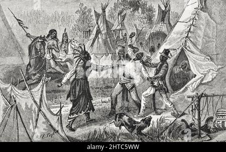 Spotted Tail Assassinating Big Mouth, a Rival Chief from the Book „Unsere wilden Indianer; 33 Jahre persönliche Erfahrung unter den roten Männern des großen Westens“ von Richard Irving Dodge, Richard Irving Dodge (19. Mai 1827 – 16. Juni 1895) war ein Oberst in der US-Armee. Dodge wurde in North Carolina geboren[1] und starb nach einer langen und erfolgreichen Karriere in der US-Armee. Er begann 1844 als Kadett und ging am 19. Mai 1891 als Oberst in den Ruhestand. Veröffentlicht A. D. Worthington and Company, 1883, Hartford, Connecticut Stockfoto