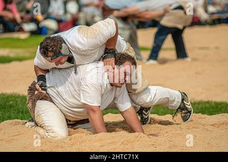 Nahaufnahme der Schweizer Ringer bei der NOS 2012 in Silvaplana, Schweiz Stockfoto