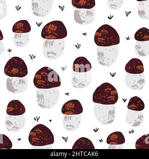 Steinpilz nahtlose Vektor Hintergrund. Wiederholtes Muster mit Funghi. Natur Lebensmittel Wald Hintergrund für Stoff, Lebensmittelverpackung, Tapete Stock Vektor