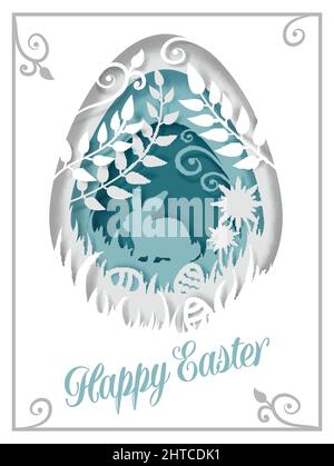 Osterei mit Kaninchen Silhouette, Blumen, Blätter, Vektor-Papier geschnitten Illustration. Frohe Ostern Grußkarte Vorlage. Stock Vektor
