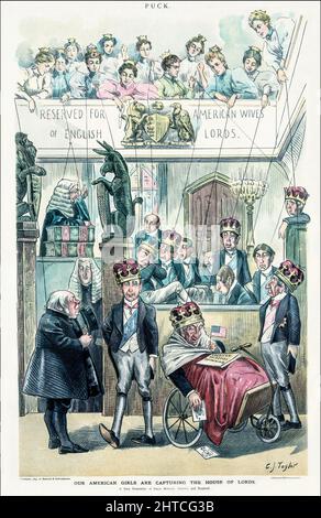 Eine Illustration einer Gruppe von Frauen aus dem frühen 20.. Jahrhundert im American Puck Magazine in einer Galerie „Reserved for American Wives of English Lords“ im House of Lords im britischen House of Parliament. Jeder hält eine an der Krone befestigte Schnur auf dem Kopf seines Mannes. Vielleicht ein alternatives Symbol für das besondere Verhältnis zwischen den USA und Großbritannien. Stockfoto