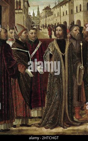 Kaiser Theodosius vor dem heiligen Ambrosius, 1490. Gefunden in der Sammlung der Accademia Carrara, Bergamo. Stockfoto