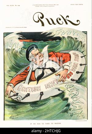 Eine Illustration des American Puck Magazine aus dem frühen 20.. Jahrhundert, die John Bull als Seemann zeigt, der in einem Rettungsschwimmer mit der Bezeichnung „British Navy 800 war Ships“ schwimmt. Er ist von riesigen Wellen umgeben, die mit „Deutschland“, „Frankreich“ und „Russland“ bezeichnet werden, wobei Kanonenfässer vom Rettungsring in alle Richtungen zeigen. Stockfoto