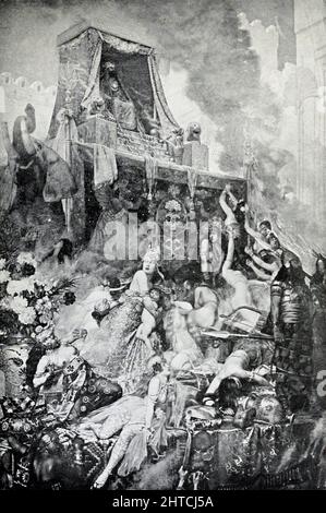 Der Tod von Sardanapalus durch L. Chalon (manchmal auch Sardanapallus geschrieben) war nach Angaben des griechischen Schriftstellers Ctesias der letzte König von Assyrien, obwohl Ashur-uballit II. (612–605 v. Chr.) diese Unterscheidung vertritt. Aus dem Buch "Mythen und Legenden von Babylonia und Assyrien" von Lewis Spence, London: Harrap 1916 Stockfoto