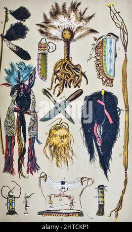 Interessante und neugierige Objekte: Skalps von Indianern und Weißen. Ornamente aus menschlicher Haut und Knochen, u. 1. Kiowa Medizin Rassel. 2. Scheide des Skalpiermessers (Sioux). 3. Scheide des Skalpiermessers (Cheyenne). 4. Scalping Messer. 5. Scalps von zwei weißen Männern, arrangiert auf einem Zauberstab der Kopfhauttanz. 6. Die Kopfhautoberfläche eines Sioux-Indianers. Aufwendig verziert mit Federn und Perlen. 7. Die Kopfhautoberfläche eines Sioux-Indianers, vollständig eingenommen. 8. Die Kopfhaut eines kleinen weißen Mädchens. Diese Kopfhaut wurde aus den Comanches entnommen. Das kleine Mädchen war etwa neun Jahre alt. 9. Ute Match Safe, Perlen. 10. Ute Nadelgehäuse, Perlen. 11. Stockfoto