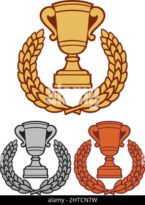 Pokal aus Gold, Bronze und Silber mit Lorbeerkranz (erster, zweiter und dritter Platz) Stock Vektor