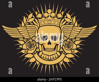 Totenkopf Symbol Tattoo Design (Krone, Lorbeerkranz, Flügel, Rosen und Banner). Vektorgrafik. Stock Vektor