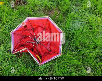 Rot gebrochener Regenschirm fiel auf den Grasboden im Freien Stockfoto