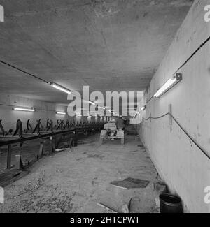 Steel Works, Redcar and Cleveland, North Yorkshire, 16/09/1975. Ein Förderband wird in einem Tunnel des British Steel Works in Redcar gebaut. Die erste Phase des Engagements von Laing am Standort Redcar bestand hauptsächlich aus dem Bau von Anlagen zur Aufnahme und Lagerung von Rohstoffen, Erz, Kohle und Kalkstein. Ein Tunnelnetz wurde unterirdisch errichtet, um diese Rohstoffe nach der Lieferung per Bahn in den Lagerplatz zu transportieren. Stockfoto