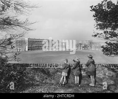 Victoria Park Estate, Macclesfield, Heshire East, Heshire, 18/04/1968. Drei Mädchen, die neben einer Steinmauer stehen und in der Ferne auf Wohnungen in der Entwicklung des Victoria Park blicken, die mit dem 12M Jespersen-System gebaut wurde. Im Jahr 1963 kauften John Laing und Son Ltd die Rechte an dem dänischen industrialisierten Bausystem für Wohnungen, die als Jespersen (manchmal auch als Jesperson bezeichnet) bekannt sind. Das Unternehmen baute Fabriken in Schottland, Hampshire und Lancashire, in denen Jespersen Fertigteile und Betonfertigteile produzierte, wodurch der Wohnungsbau rationalisiert werden konnte und Zeit und Geld eingespart wurde. Th Stockfoto