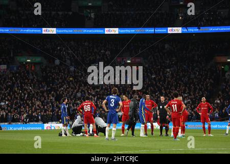 London, Großbritannien. 27.. Februar 2022. Der Spidercam beim Carabao Cup Final Match, Chelsea gegen Liverpool, im Wembley Stadium, London, Großbritannien am 27. Februar 2022. Kredit: Paul Marriott/Alamy Live Nachrichten Stockfoto