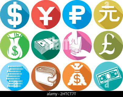 Geld flach Symbole Set (Stapel von Münzen, Brieftasche) Vektordarstellung Stock Vektor