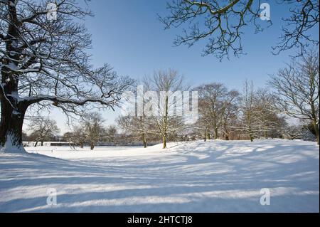 Eltham Palace, Court Yard, Eltham, Greenwich, London, 2009. Gesamtansicht des Geländes des Eltham Palace im Schnee, Blick über den südlichen Rasen. Stockfoto