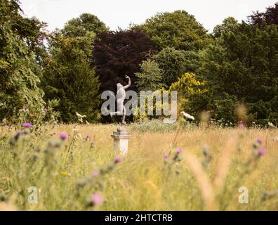 Walmer Castle, Walmer, Dover, Kent, 2019. Allgemeiner Blick auf das Paddock von Walmer Castle, mit einer Statue von Merkur inmitten der wilden Blumen und Gräser. Stockfoto