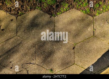 Fieldend Estate, Strawberry Hill, Twickenham, Richmond upon Thames, London, 2019. Detail der ursprünglichen sechseckigen Pflastersteine auf dem Anwesen Fieldend. Stockfoto