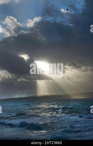 Godrevy Lighthouse, Godrevy Island, Gwinear-Gwithian, Cornwall, 2011. Gesamtansicht der Sonne, die durch Sturmwolken auf das raue Meer rund um Godrevy Island bricht. Stockfoto