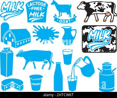 Milchikonen-Sammlung (Laktosefreies Etikett, Ziege, Behälter für Joghurt, Krug, Krug, Retro-Dose, Scheune und Silo, Farm) Stock Vektor