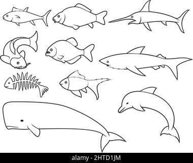 Symbole für dünne Fischlinien (Delphin, Knochen, Karpfen, Hai, Wal, Schwertfisch, Piranha, Thunfisch) Stock Vektor