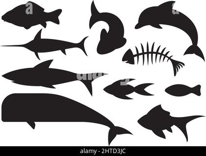 Vektor-Illustration mit Fischsymbolen (Delphin, Karpfen, Hai, Wal, Schwertfisch) Stock Vektor