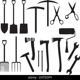 Sammlung von Garteninstrumenten Silhouetten (Schaufel, Axt, Pick, Hammer, Rechen, Schere, Nagel, Schraubenschlüssel, Farbrolle) Stock Vektor